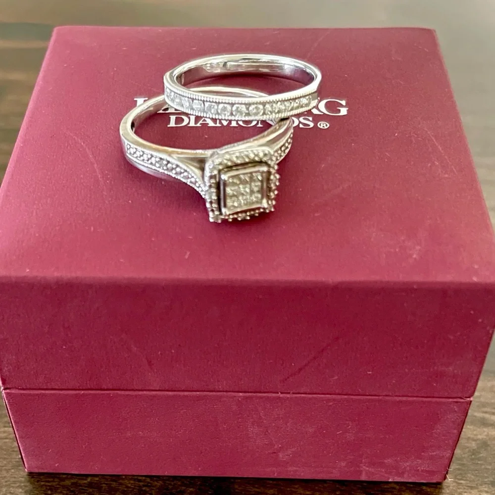 925 Sterling Silver & 14KT White Gold Diamond Engagement Ring & Wedding Band Set